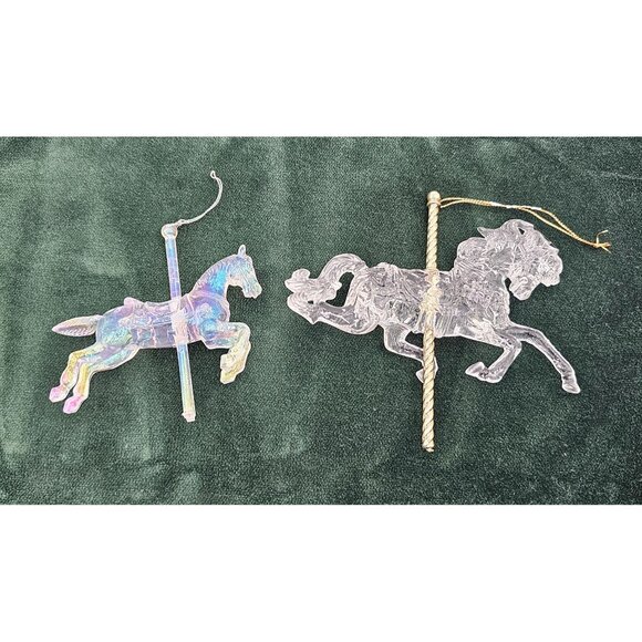 Vintage Iridescent & Clear Carousel Horse Christmas Holiday Ornaments Set Of 2 - Picture 1 of 11